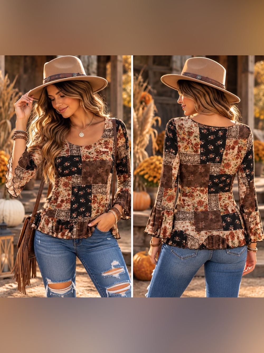 Women's Brown Patchwork Ruffle-Hem Blouse